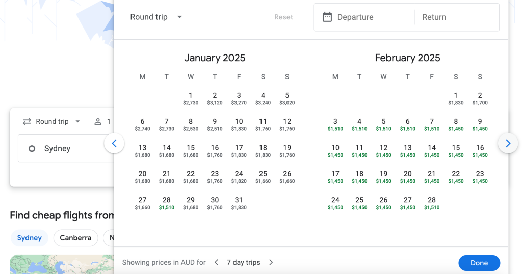 Screenshot of Google Flights date calendar 